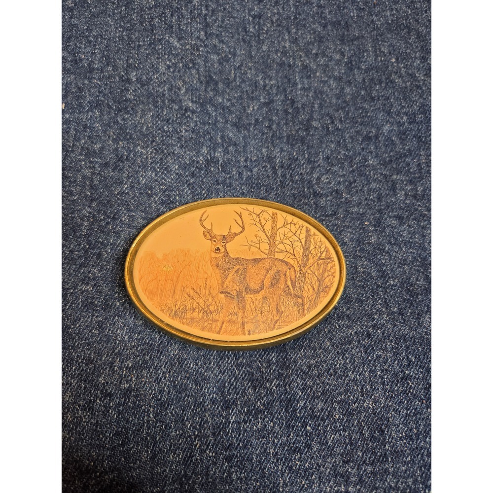 Vintage Solid Brass Bartow Co. Deer Stag Belt Buckle - Etched Scene